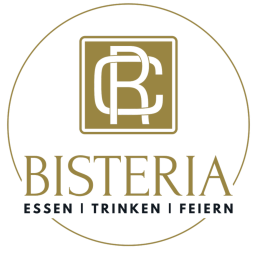 BISTERIA Logo in Gold mit Monogramm im Quadrat und umlaufendem Kreis, hochwertiges Branding für Essen, Trinken und Feiern